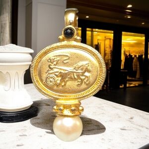 Vintage 1980s Matte Gold Plated Etruscan Coin Chariot Gladiator Necklace Pendant